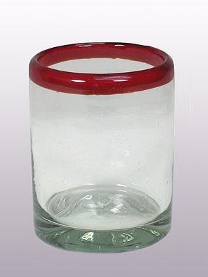 Vasos de Vidrio Soplado / Juego de 6 vasos chicos con borde rojo rubí / Éste festivo juego de vasos es ideal para tomar leche con galletas o beber limonada en un día caluroso.